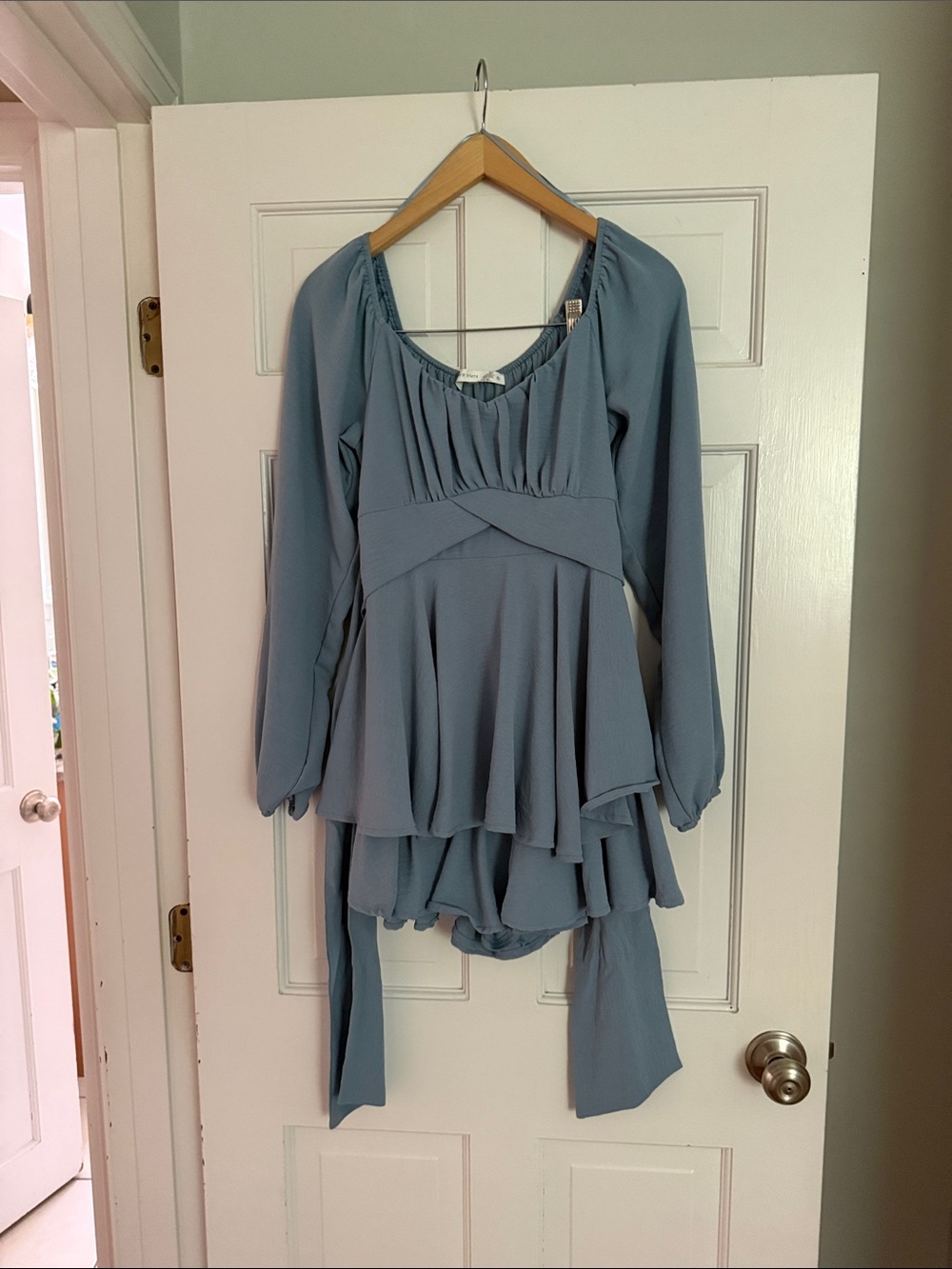 Altar'd State Dusty Blue Long Sleeve Layered Peplum Top